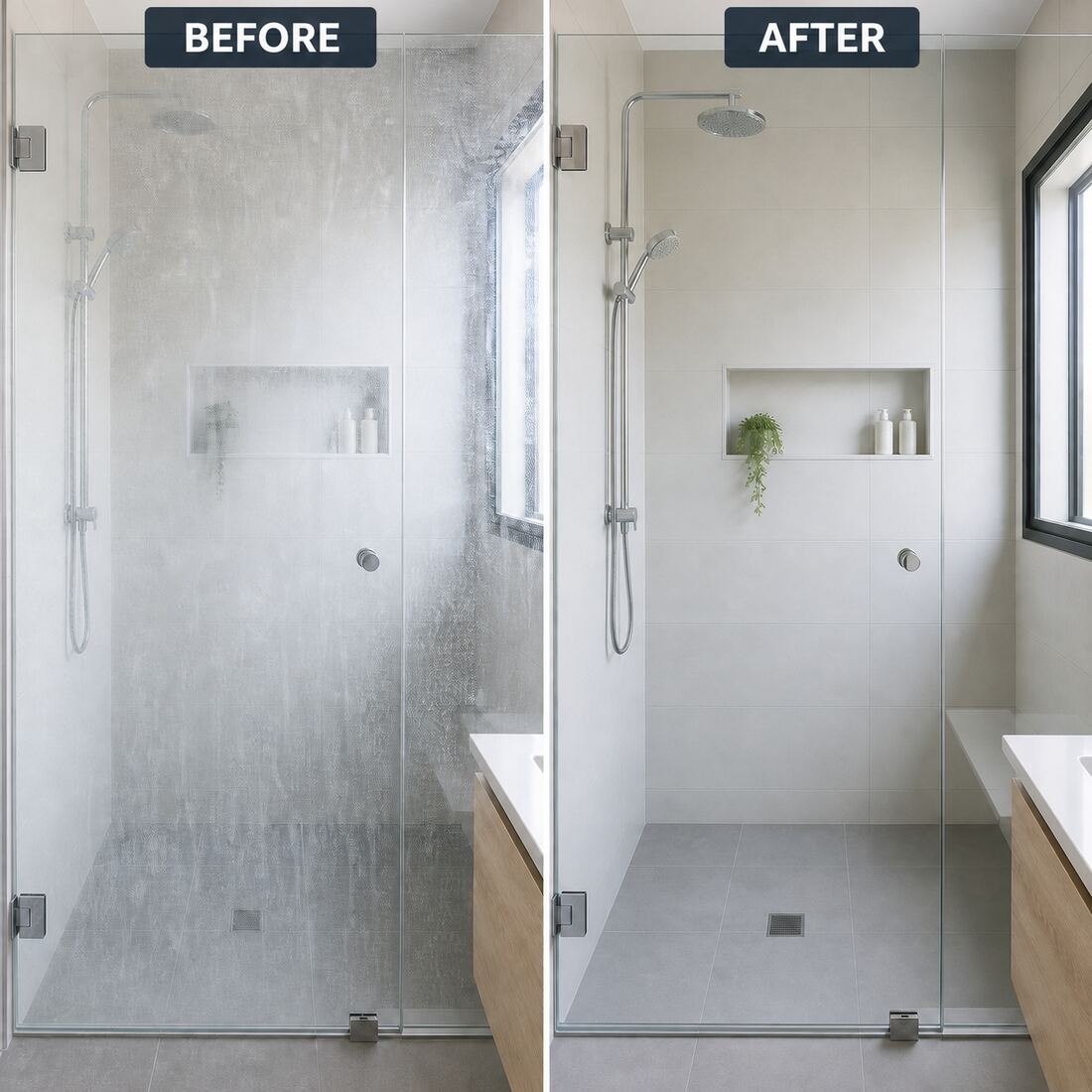 Before and after Shower screens & tiles cleaning by Absolute Cleaning
