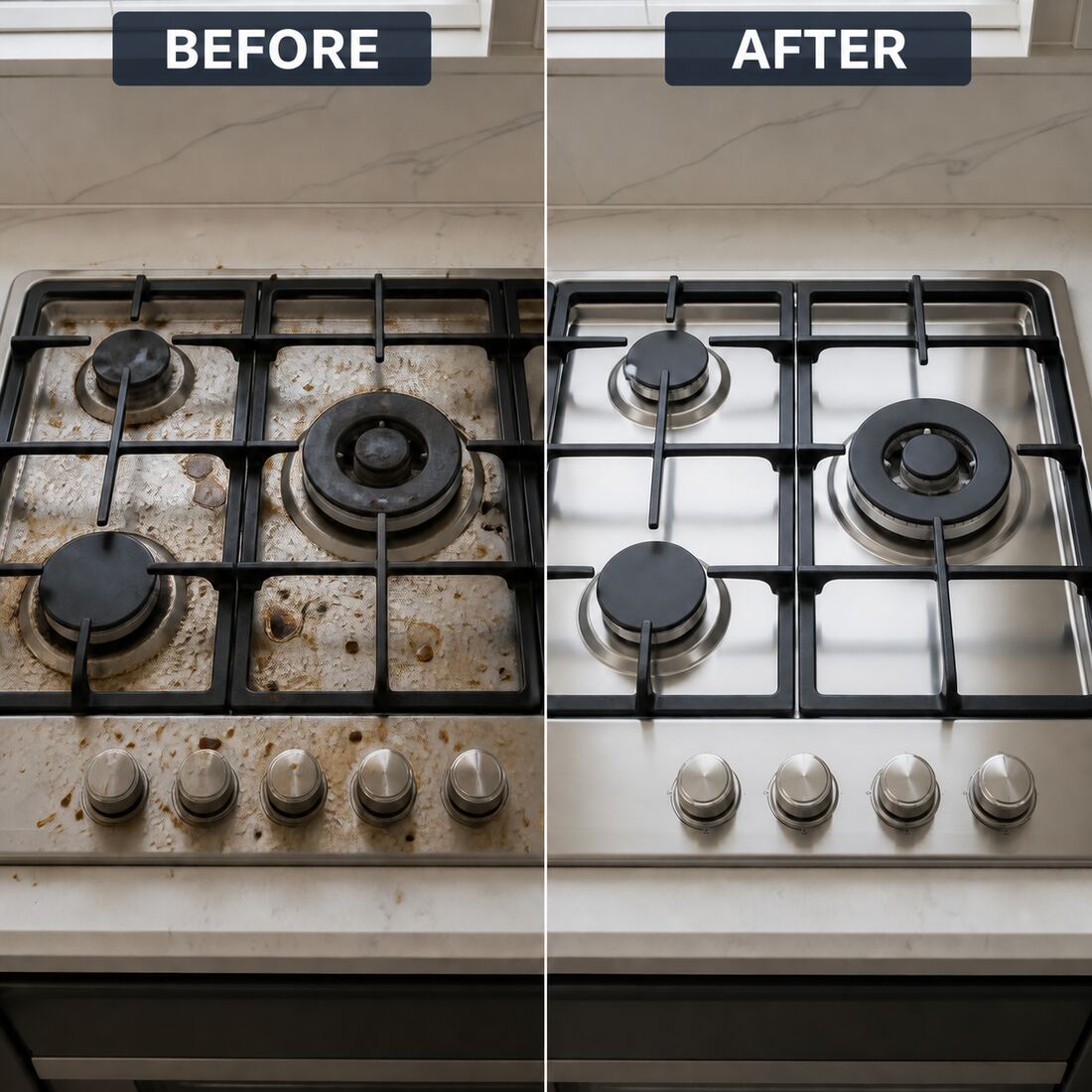 Before and after Kitchen cooktop cleaning by Absolute Cleaning